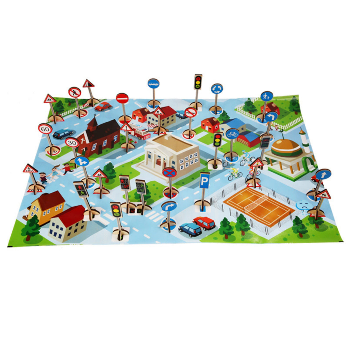 Learning Traffic Sign Set with Play Mat Educational City Play Set Wooden Playset Compact for Children, Toddlers, Playroom