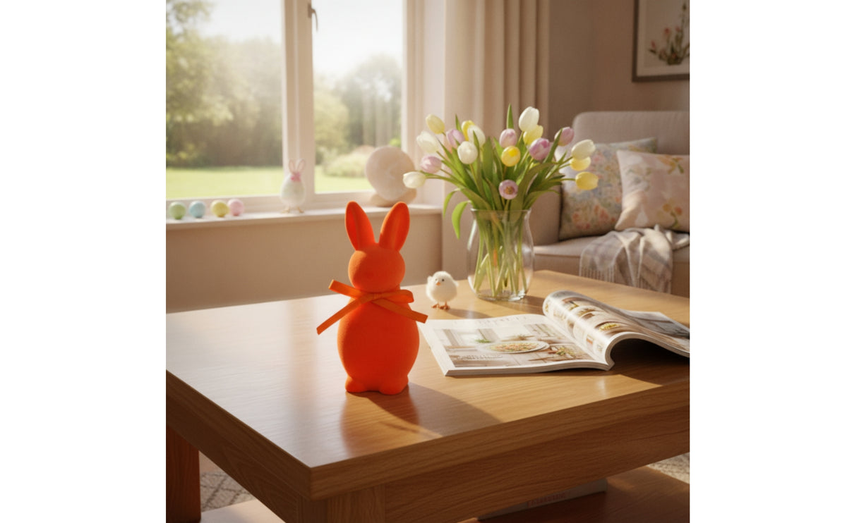 Flocked Bunny Figurine Fuzzy Texture Chunky Hare Decor Tabletop Accent Velvet Hare Ornament for Party, Desktop