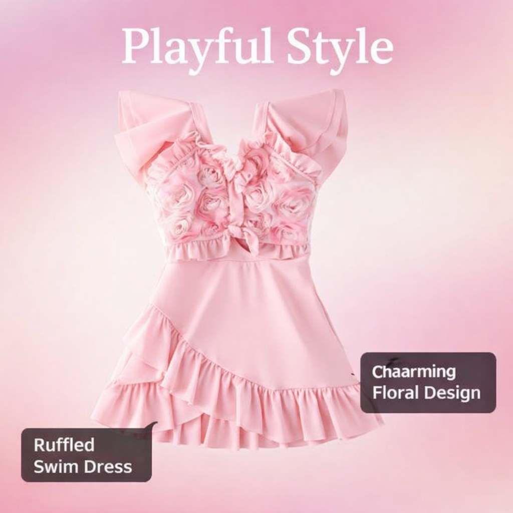 Girls' Short Sleeve One Piece Swimsuit, Polyester Material, Kids' Anti-Exposure Swimming Costume with Integrated