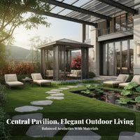 New Chinese Design Hardtop Gazebo Antique Inspired Design Flat-Roofed Slatted Shelter Sun Protection Garden Pavilion Weather-Resistant for Landscape Architects, Property Developers, Backyard, Scenic Areas, Hotel Grounds, Poolside