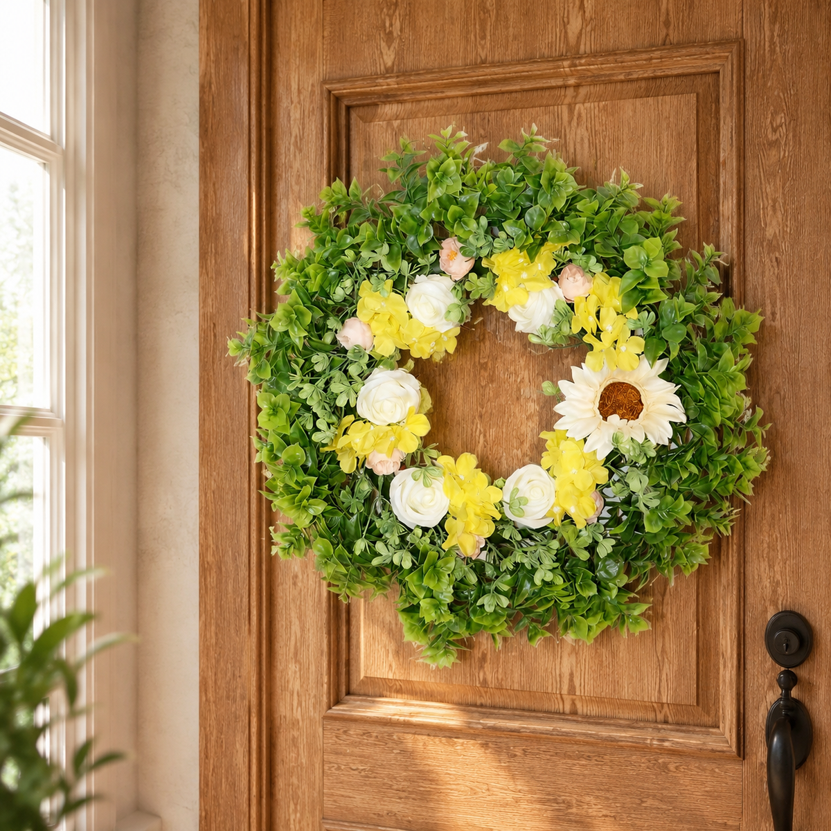 Multicolor Spring Door Wreath, 30cm Eucalyptus Blossom Artificial Wreath for Home Decor, Faux Flower Front Door Decoration