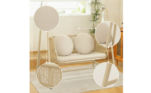 Cushioned Double Swing Chair Freestanding Hanging Chair with Stand Woven Hanging Loveseat Outdoor for Living Room