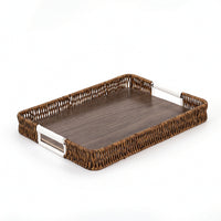 Wood Serving Tray with Handles Flat-Base Woven Rattan Style Tray for Breakfast