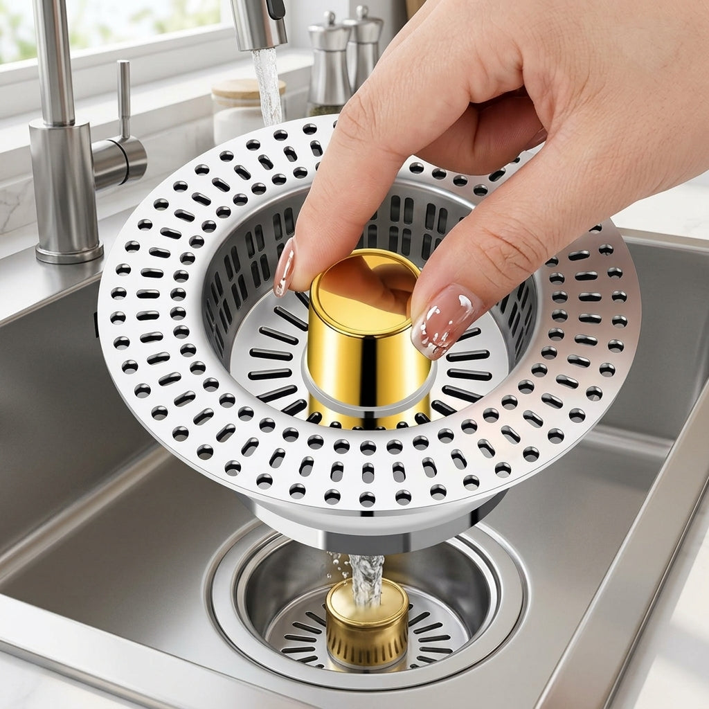 Kitchen Sink Strainer and Sink Drain Stopper, Pop Up Sink Plug with Anti Clogging Sink Filter, Modern Minimalist Style Kitchen Sink Drain Tool