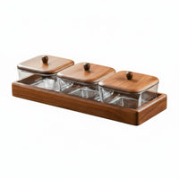 Glass Relish Dish Set with Wooden Tray Keeps Food Fresh & Dustproof Divided Serving Tray with Lids Retro Hammered Texture for Party Hosts, Parties