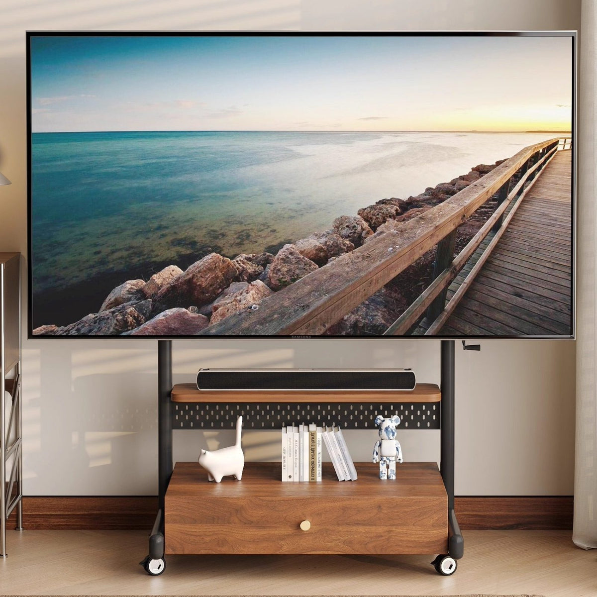 Mobile TV Stand with Cabinet Locking Brakes Rolling TV Cart with Drawer Adjustable Height Built-in Storage Suitable for Renters Small Areas Conference Room Exposition Show