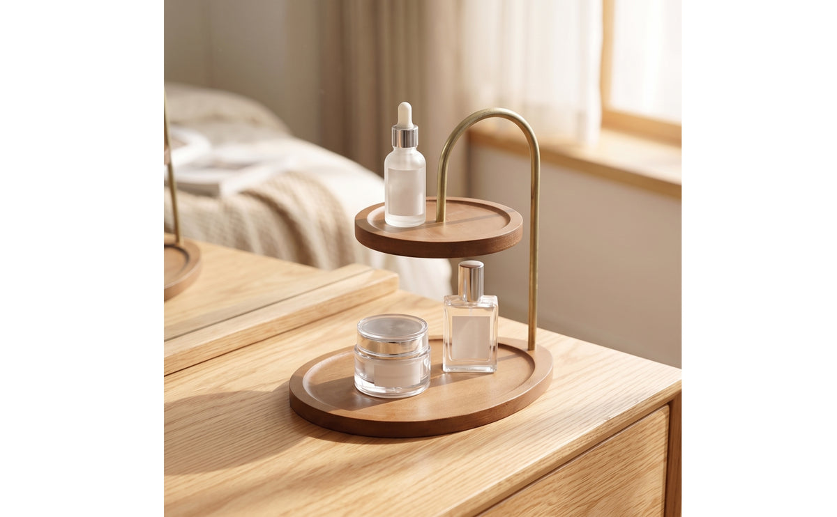 Space-Saving Desktop Rack with Wooden Trays Compact Two-Tier Storage Rack Multipurpose Countertop Shelf Rustic for Vanity