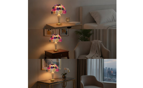 Decorative Rose Table Lamp Floral Flower Lamp Dome-Shaped Lighting Ceramic for Women, Bedroom, Bedside, Wedding