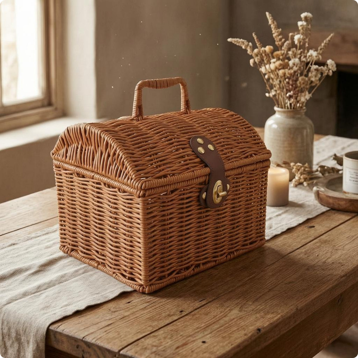 Decorative Storage Chest Front Clasp Woven Rattan Basket Rustic Style