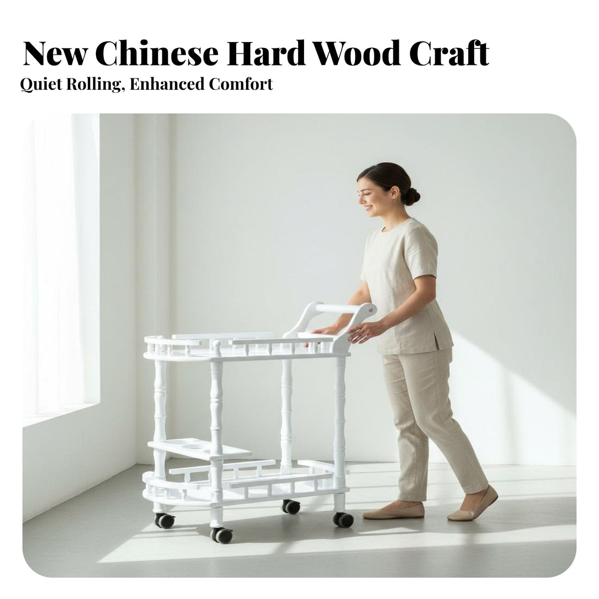 New Chinese Design Rolling Tea Cart Solid Wood Pillars 2-Tier Serving Trolley Multipurpose 2 Tier Serving Trolley Push Handle for Salon Professionals, Restaurant Employees, Party Hosts, Hotel, Dining Room, Kitchen, Parties