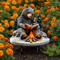 Creative Black Bear Reading by Fire Garden Stake Decoration