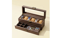 6-Slot Watch Display Case with Glass Lid Tabletop Watch Box with Drawer Clear Jewelry Drawer Organizer Safeguarding for Boutique