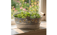 Galvanized Iron Planter with Handles Rustic Oval Metal Planter Embossed Floral Metal Plant Pot with Handles for Balcony