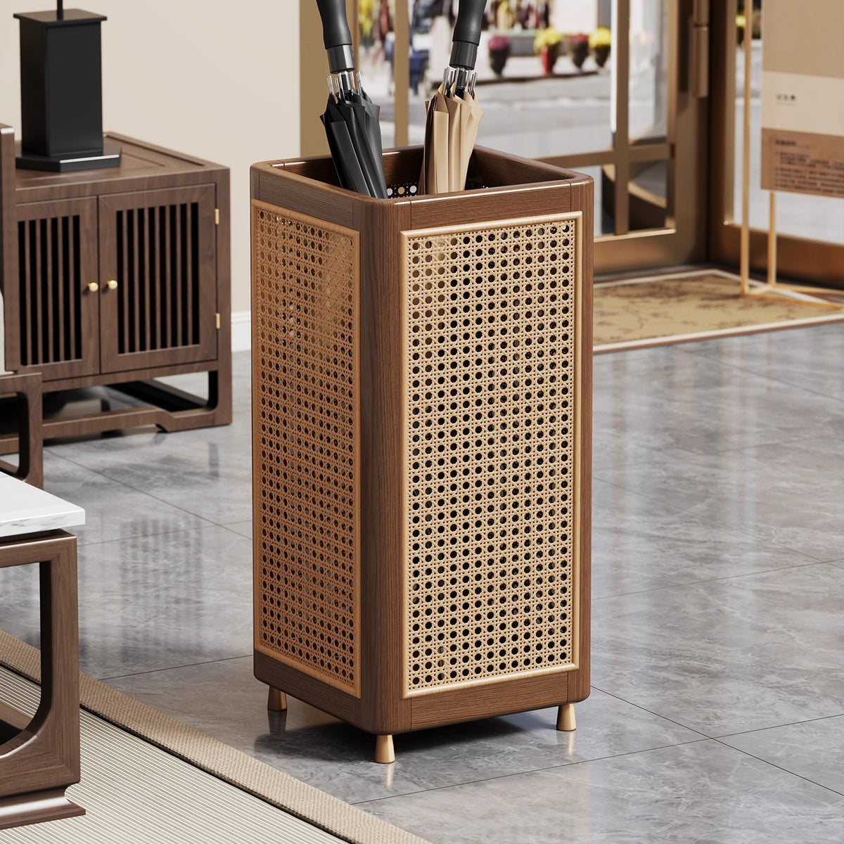 Solid Wood Umbrella Stand with Drip Tray for Home and Commercial Use