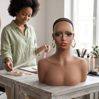 Mannequin Head with Shoulders Realistic Hairpiece Head with Shoulders Dark Skin Tone for Stylists