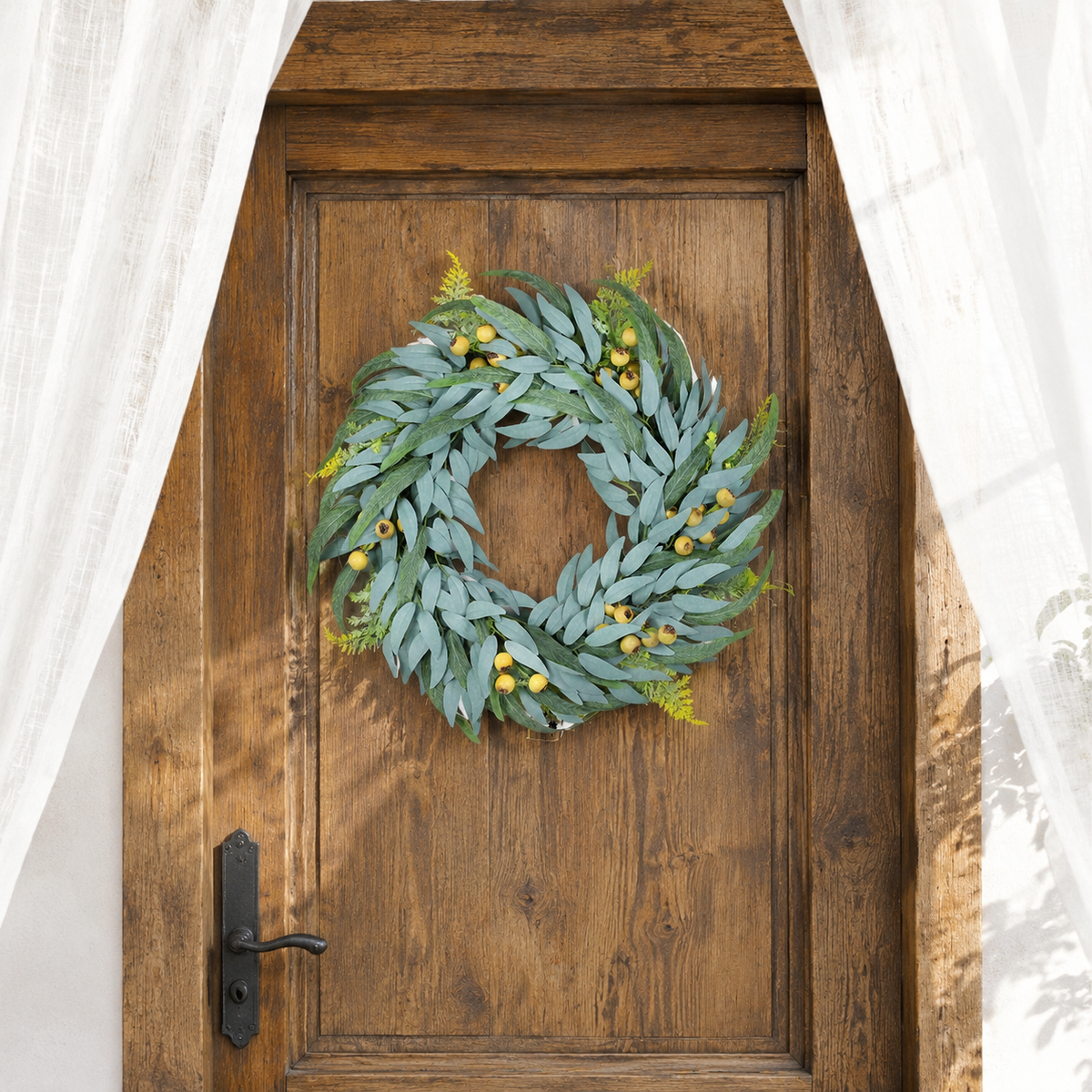 Spring Door Wreath 30cm, Semi-Handmade Decorative Wreath for Front Door, Country Style Spring Decoration, Artificial Flower Wreath for Renters