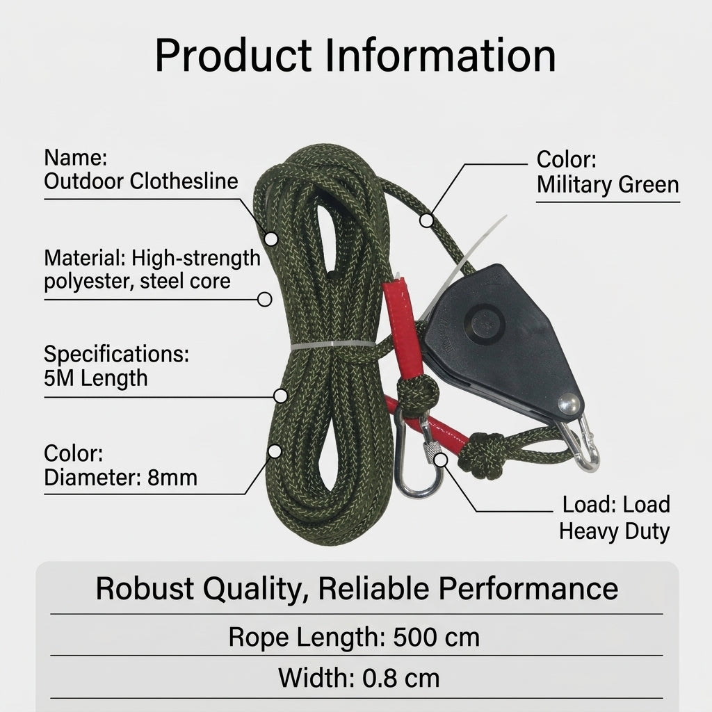 Heavy Duty Outdoor Clothesline with Tensioner, Windproof Anti-Slip Rope for Balcony , Retractable Steel Core for Homeowners