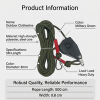 Heavy Duty Outdoor Clothesline with Tensioner, Windproof Anti-Slip Rope for Balcony , Retractable Steel Core for Homeowners