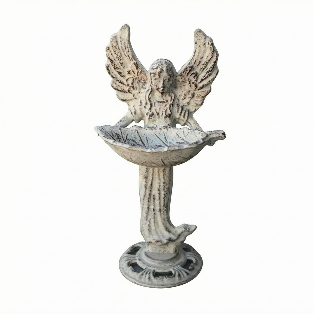 Angel Bird Feeder Vintage White Cast Iron Bird Feeder Shallow Tray for Courtyard