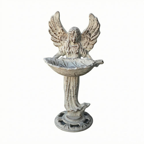 Angel Bird Feeder Vintage White Cast Iron Bird Feeder Shallow Tray for Courtyard