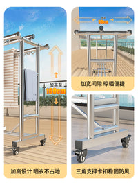 304 Stainless Steel Outdoor Floor-Standing Foldable Mobile Clothes Drying Rack with Windproof Design for Balcony
