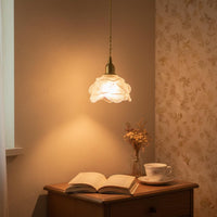 Glass Flower Hanging Light Braided Textile Cable Vintage Brass Hanging Lamp