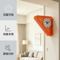 静音三角橙色双面钟艺术亚克力磨砂挂钟转角墙面免打孔客厅装饰