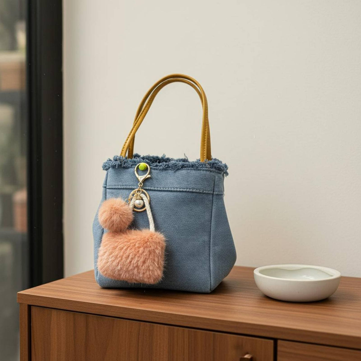 Cute Design Soft Mini Bag Keychain Great Gift Fuzzy Pearl Key Fob Lightweight for Girls, Teens