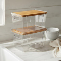 2 Pieces Clear Storage Box Space-Saving Wooden Lid Storage Box Easy to Clean