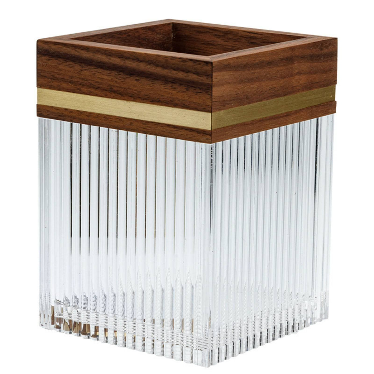 Acrylic Makeup Brush Holder Multi-Functional Square Vanity Brush Cup Elegant Design Walnut Wood Cosmetic Organizer for Office Desk, Washroom Counter