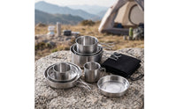 304 Stainless Steel Camping Cookware Set with Storage Bag Outdoor Cookware Set with Folding Handles Nesting Mess Kit Compact for Backpackers