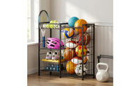 Wire Frame Sports Ball Rack Black Metal Tiered Ball Rack Elastic Straps Foldable for Indoor Use