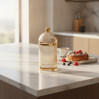 Gold-Toned Fruit Fork Holder with Lid Decorative Dessert Fork Storage Container Ribbed Utensil Holder with Lid Dustproof for Hosts, Homeowners, Dining Table, Kitchen Countertop