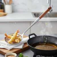Wood Handle Skimmer Spoon Quick Draining Stainless Steel Skimmer Spoon Rust-Resistant Kitchen Tool
