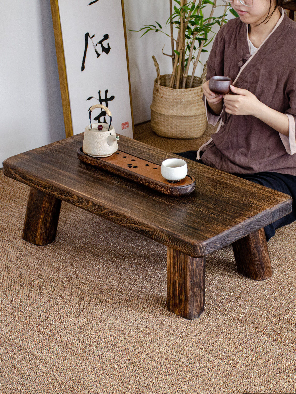 Solid Wood Tatami Low Table Chinese Style Tea Table for Floor Use