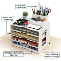 5-Tier Desktop File Organizer with Pen Holder, Stackable Desk Storage for Office, Multi-Layer Work Station for Students