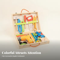 Wooden Toolbox Playset Compartmented Pretend Play Toolbox Wooden Tool Box Toy Rope Handles Pretend Tool Kit Fine Motor Skills