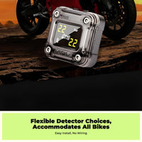Motorcycle Tire Pressure tracking System, cordless TPMS, instant LCD display, waterproof, paired sensors, enhanced safety