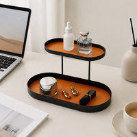 Black Metal Two Tier Tray, Oval Storage Tray with Leather Trim, 20x15.5x17cm Console Table Display Stand