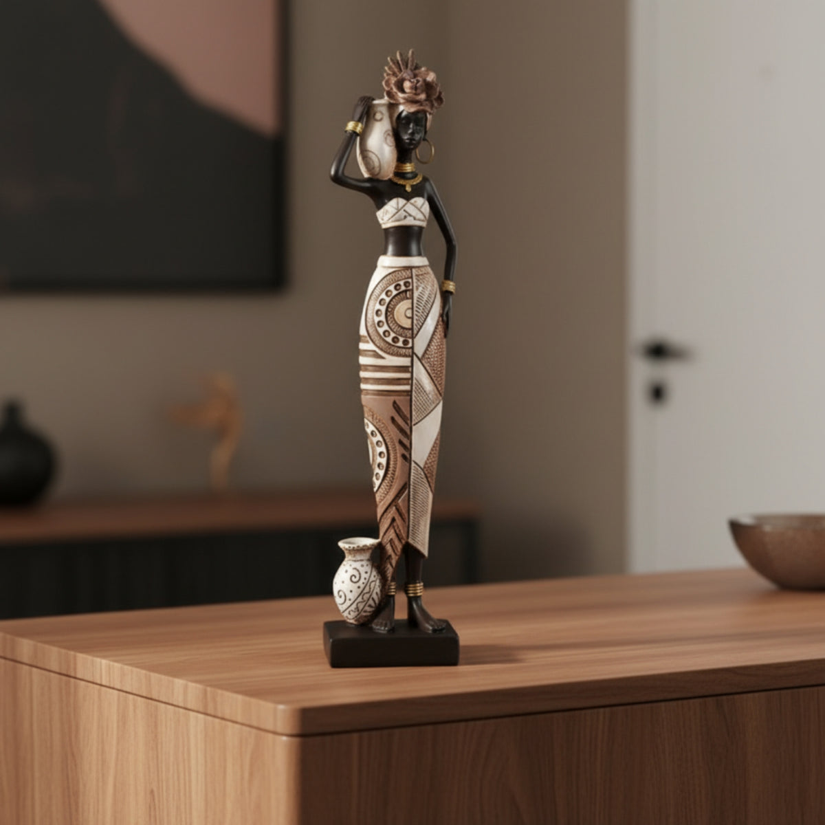 Figurine with Tribal Patterning Hand-Painted Resin Figurine Decorative African Statue for Art Collectors, Entryway, Bookshelf, Living Room