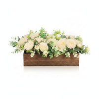 Wood Planter Flower Display Cream Faux Floral Arrangement Eucalyptus Foliage