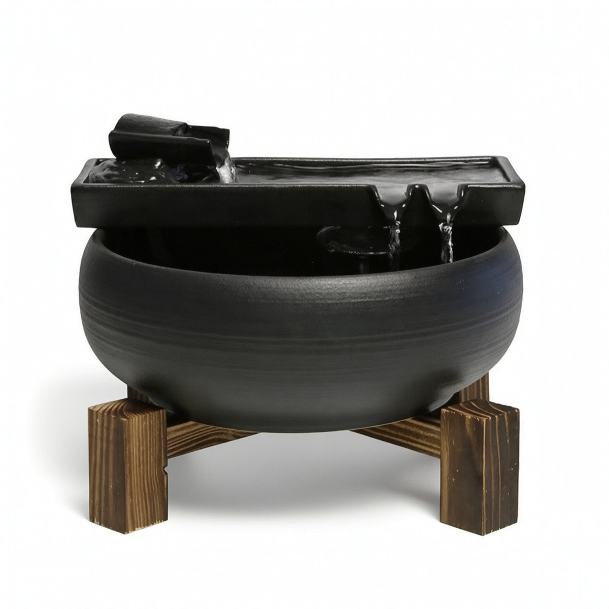 Ceramic Fountain with Wooden Stand Relaxing for Desk, Tea Table