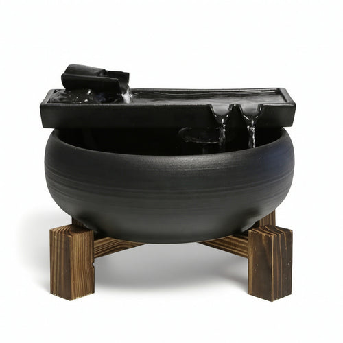 Ceramic Fountain with Wooden Stand Relaxing for Desk, Tea Table