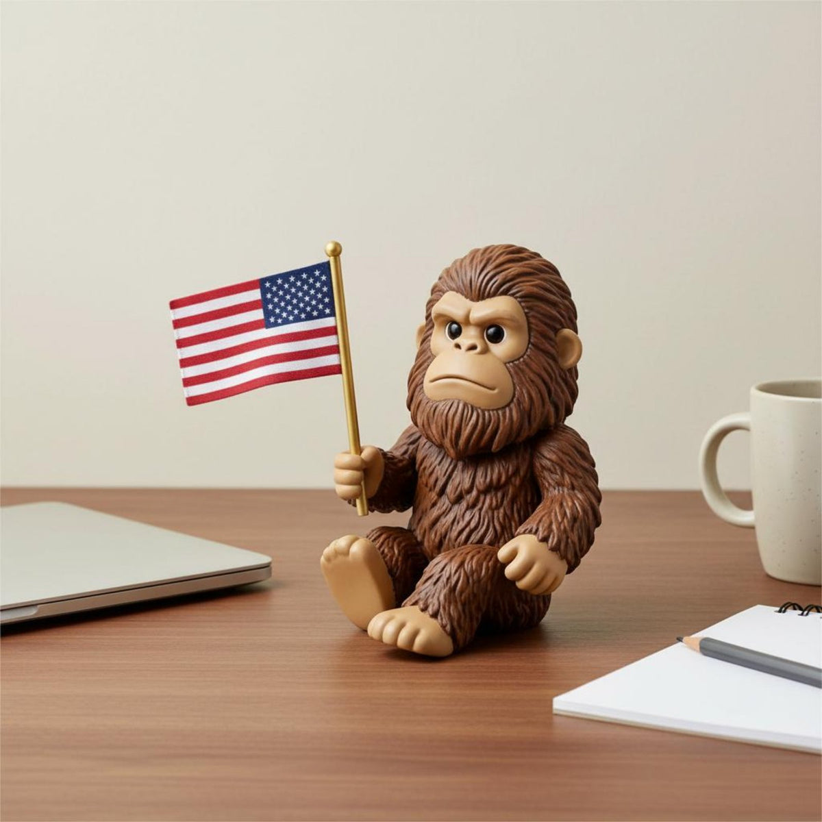 Funny Sasquatch Desk Buddy Cute Bigfoot Statue Holding Flag Patriotic Bigfoot Figurine Quirky for Collectors, Office, Workspace