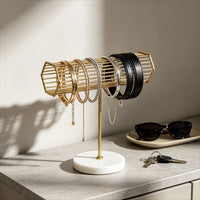 Gold Metal Jewelry Display Stand with Marble Base for Bracelets, Necklaces, Earrings