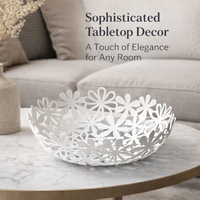 Metal Fruit Bowl with Flower Hollow Design for Kitchen Counter, Iron Basket for Minimalist Home Decor