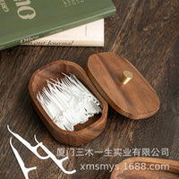 Walnut Wood Dental Floss Container with Lid, Solid Wood Toothpick Holder, New Chinese Style