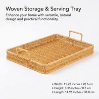 Woven Serving Tray with Handles, Rustic Wicker Snack Display, Iron Frame, Breakfast Serving Basket, Light Coffee Rattan Tray