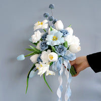 Vintage Gray-Blue Rose and Tulip Wedding Bouquet for Bride Photo Shoot