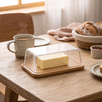 Clear Butter Storage Box Rectangular Butter Box with Bamboo Base Transparent Slimline for Kitchen, Fridge, Table